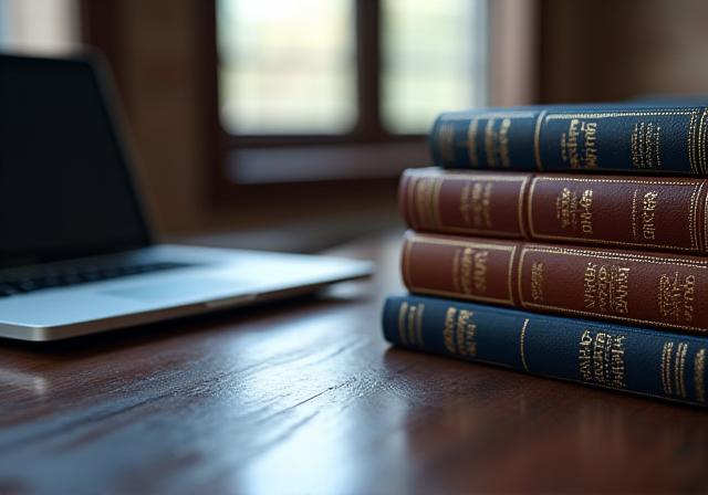 Stacks of law books and a laptop representing modern legal research